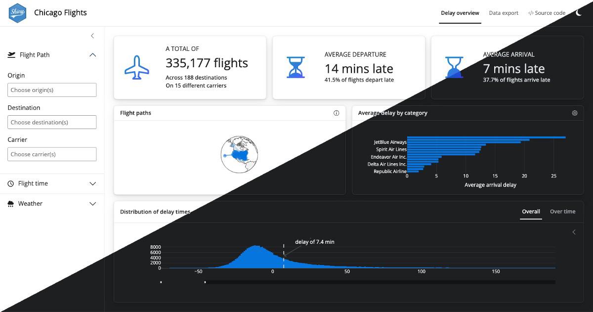 The Chicago Flights dashboard split diagonally into light and dark mode