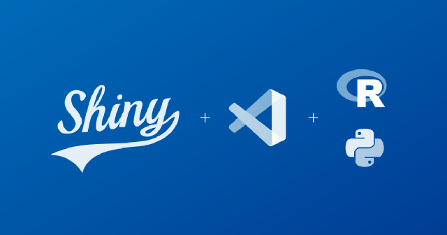 Shiny, VS Code, R, and Python logos on a blue background