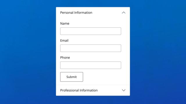 A Shiny form using an accordion: an open Personal Information section above a collapsed Professional Information section