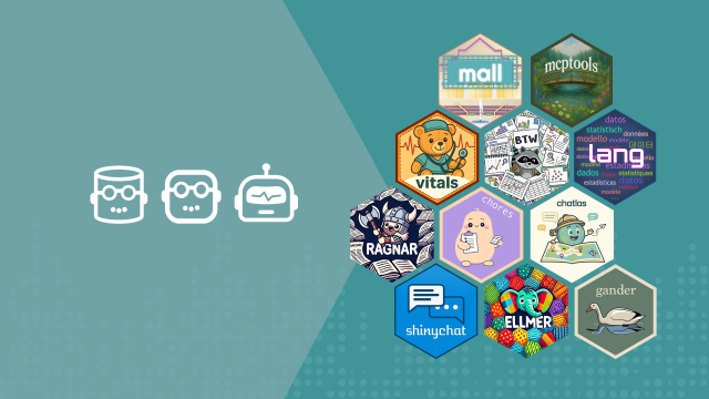 On the left-hand side, three robot icons representing Posit's AI assistants. On the right, hex sticker logos for Posit's AI-related open source packages including mall, mcptools, vitals, ragnar, ellmer, chatlas, shinychat, and gander.
