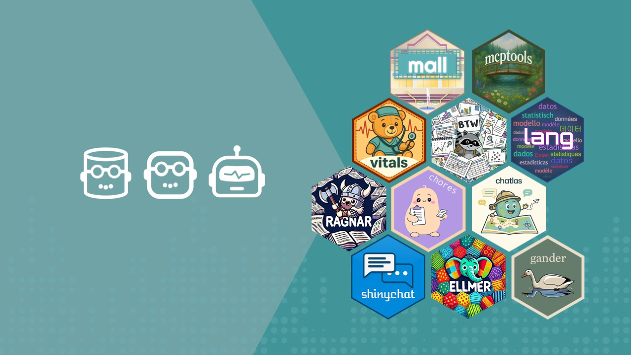 On the left-hand side, three robot icons representing Posit's AI assistants. On the right, hex sticker logos for Posit's AI-related open source packages including mall, mcptools, vitals, ragnar, ellmer, chatlas, shinychat, and gander.