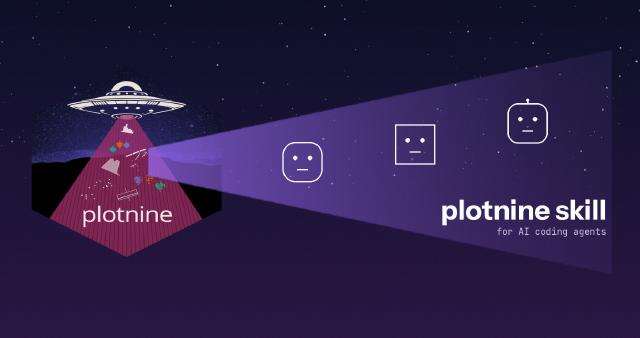 The plotnine hex logo on the left — a UFO over a starry sky beaming a violet tractor beam onto small data-visualization icons, labelled 'plotnine'. The beam extends across a dark, starlit canvas to three minimalist robot faces representing AI agents getting progressively happier. Wordmark on the right reads 'plotnine skill — for AI coding agents.'