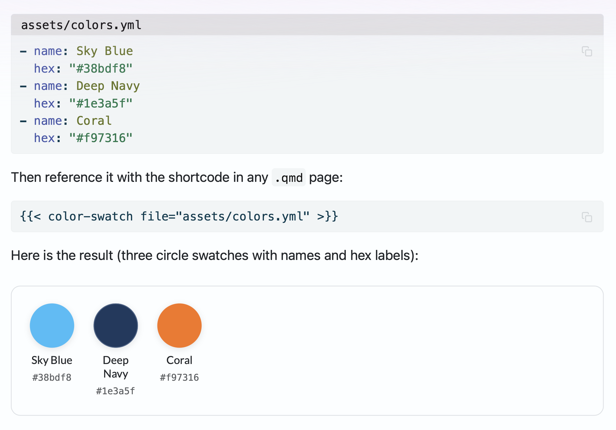 The Color Swatches shortcode in action: a YAML color definition file
rendered as interactive circle swatches with names and hex
labels.