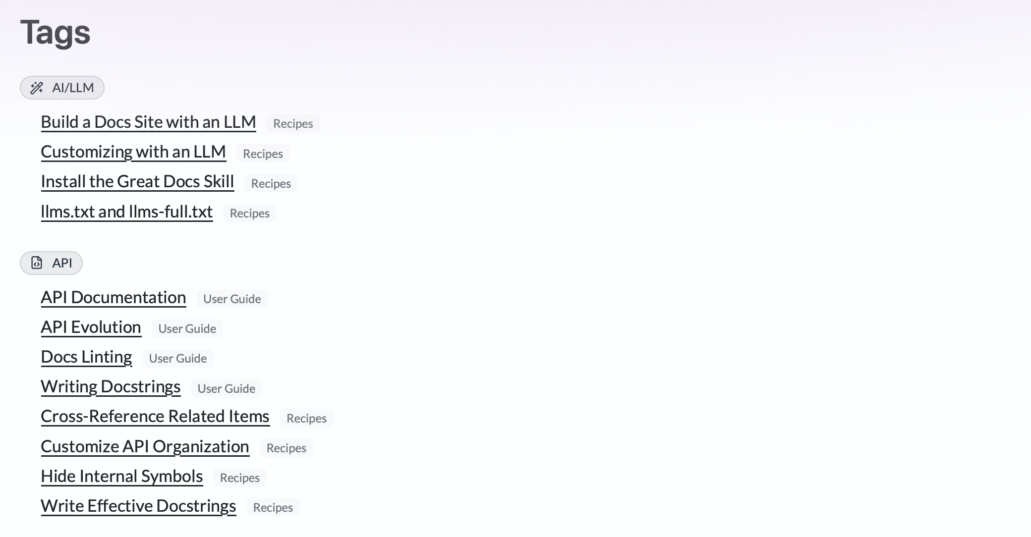 The auto-generated Tags index page on the Great Docs site, showing the
AI/LLM and API tag categories with their associated
pages.
