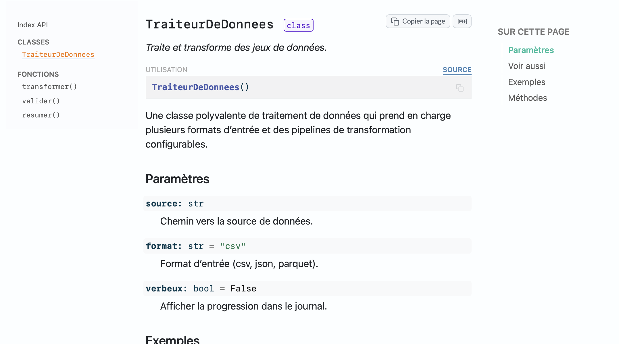 A reference page for a class called TraiteurDeDonnees with all UI
elements rendered in French.