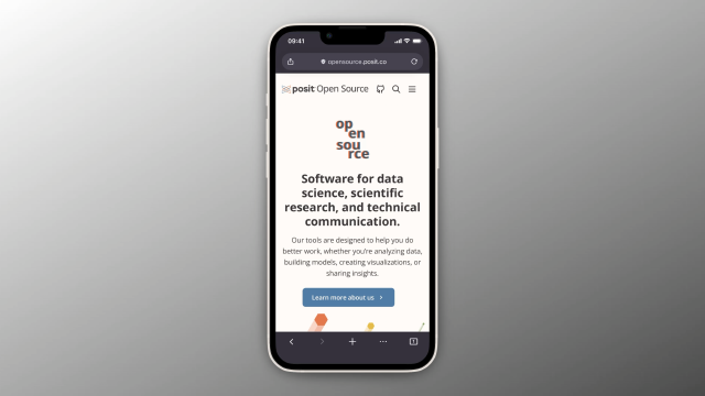 A mobile phone showing the new Posit Open Source website
