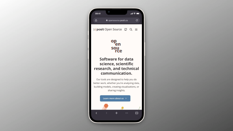 A mobile phone showing the new Posit Open Source website