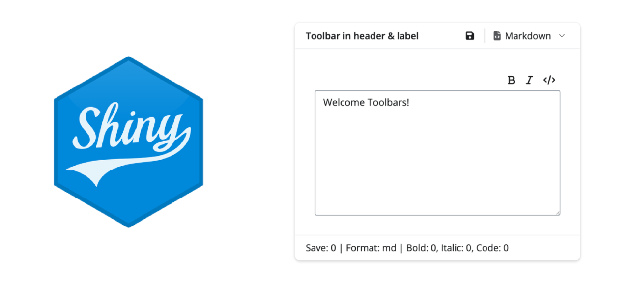 Shiny logo beside a message composer card with toolbars in the card header and above the textarea.