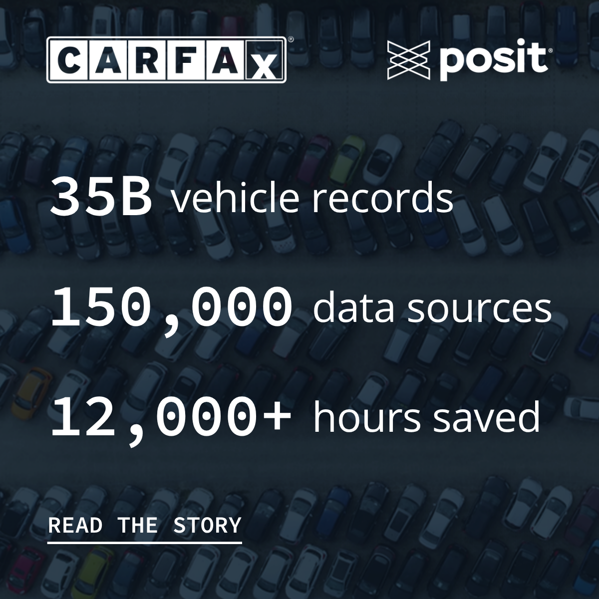 Posit logo and Carfax logo saying 35B vehicle records, 150,000 data sources, 12000+ hours saved.