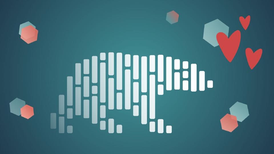 The Polars logo surrounded by hearts and hexagons.