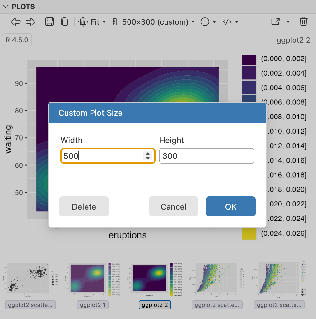 The Plots pane with a custom size dialog