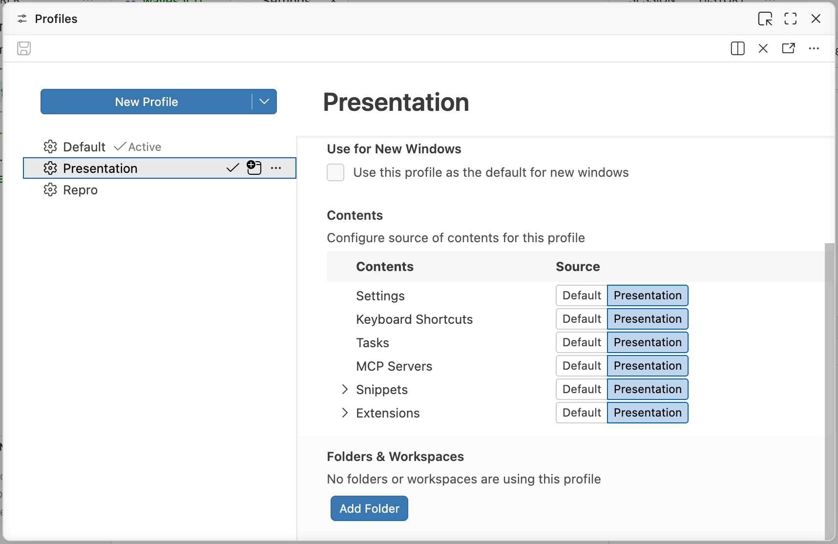 Positron's Profile editor showing a Presentation mode