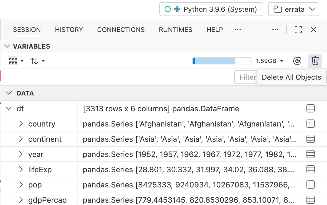 The Delete All Objects feature in a Python session