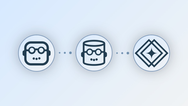Three logos representing the three Posit agents, connected left to right by dotted lines: a robot face wearing goggles (Positron Assistant), a cylinder wearing goggles (Databot), and a four-pointed star inside two diamonds (Posit Assistant), suggesting a progression from one data science agent to the next.