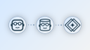 Three logos representing the three Posit agents, connected left to right by dotted lines: a robot face wearing goggles (Positron Assistant), a cylinder wearing goggles (Databot), and a four-pointed star inside two diamonds (Posit Assistant), suggesting a progression from one data science agent to the next.