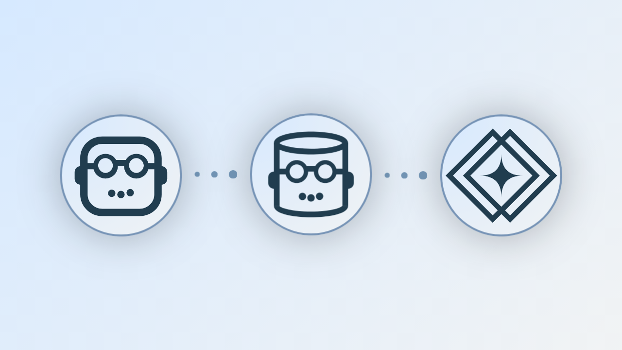 Three logos representing the three Posit agents, connected left to right by dotted lines: a robot face wearing goggles (Positron Assistant), a cylinder wearing goggles (Databot), and a four-pointed star inside two diamonds (Posit Assistant), suggesting a progression from one data science agent to the next.
