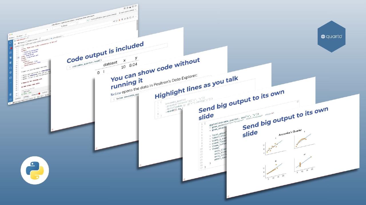 Screenshots of a QMD file and its rendered presentation slide. The Quarto and Python logos are in the corner.