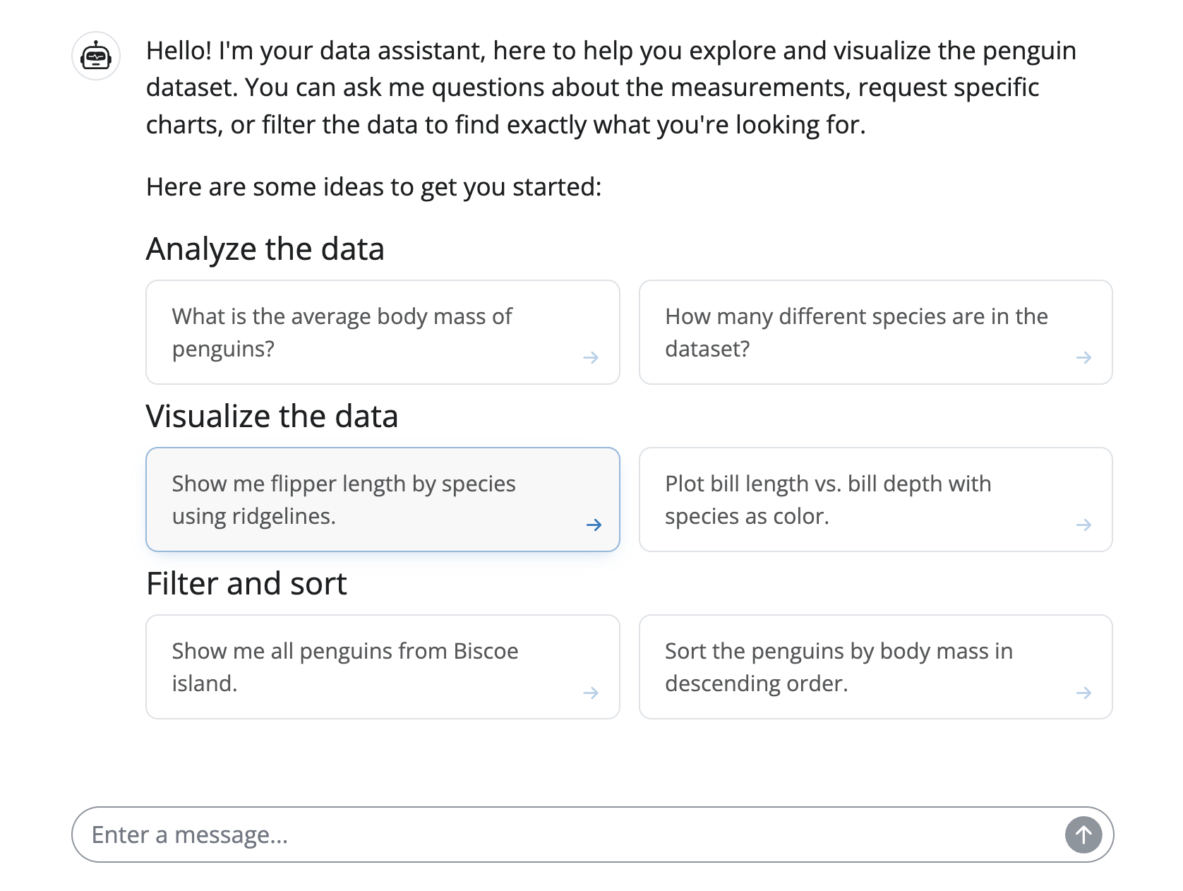 Basic QueryChat interface to the Palmer Penguins dataset