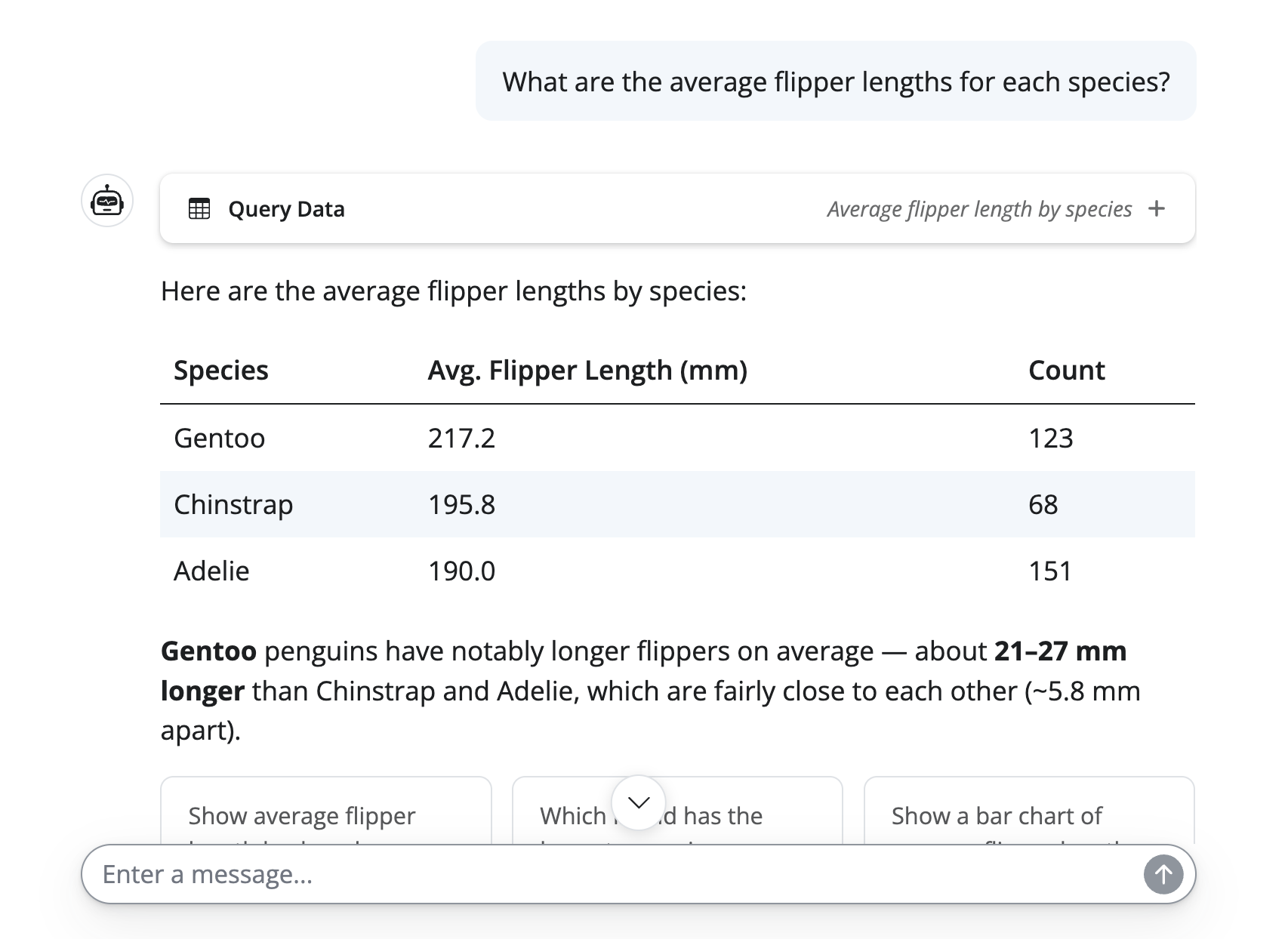 Query tool in action, showing the SQL query and the resulting summary in the chat response