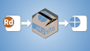 A flow diagram showing an Rd icon on the left, an arrow pointing to a cardboard box labeled pkgsite with a globe on its face and a cat peeking out, then another arrow pointing to the Quarto logo on the right.