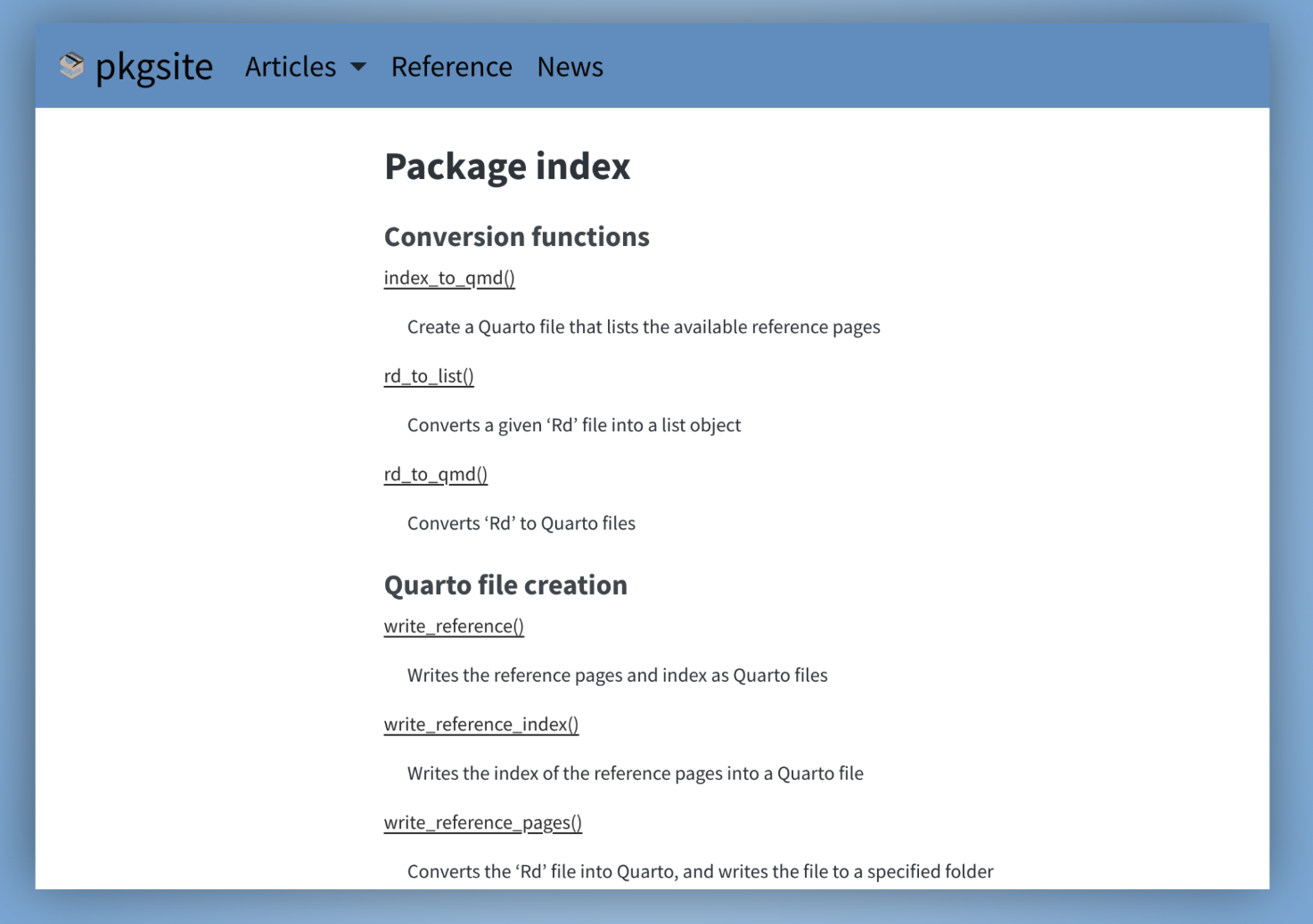 The pkgsite reference index page, with exported functions organized into named sections like &ldquo;Write files&rdquo; and &ldquo;Conversion&rdquo;.